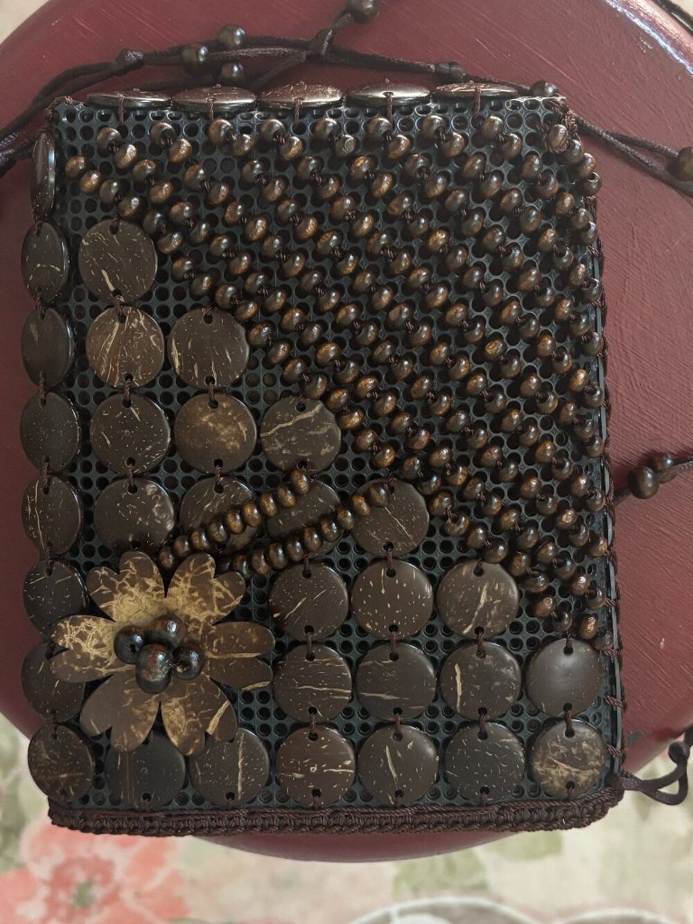 Coconut Shell Beaded Crossbody Bag — Boho Wood Disc Purse